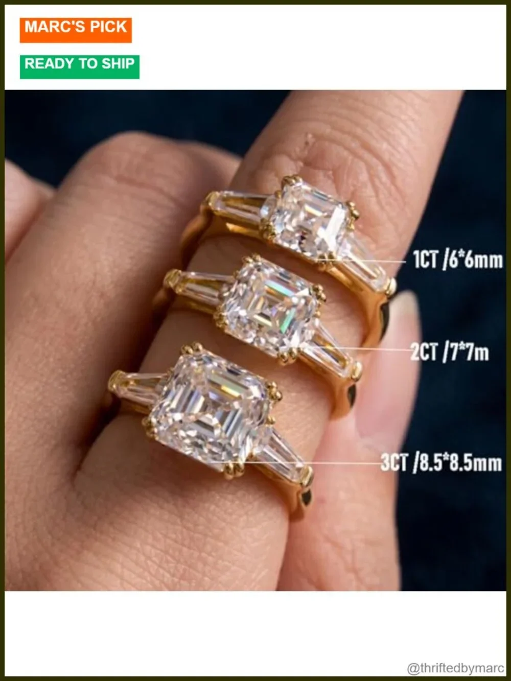 3ct Asscher Moissanite Engagement Ring 18K Gold Plated 925 Silver